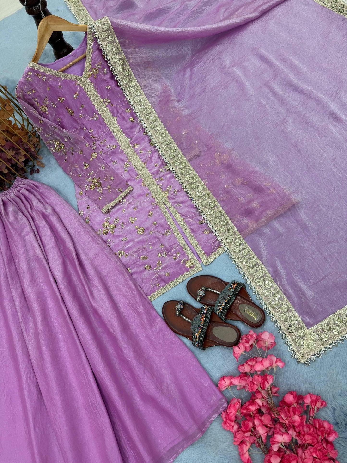 Elegant Lavender Palazzo Suit with Lace Dupatta