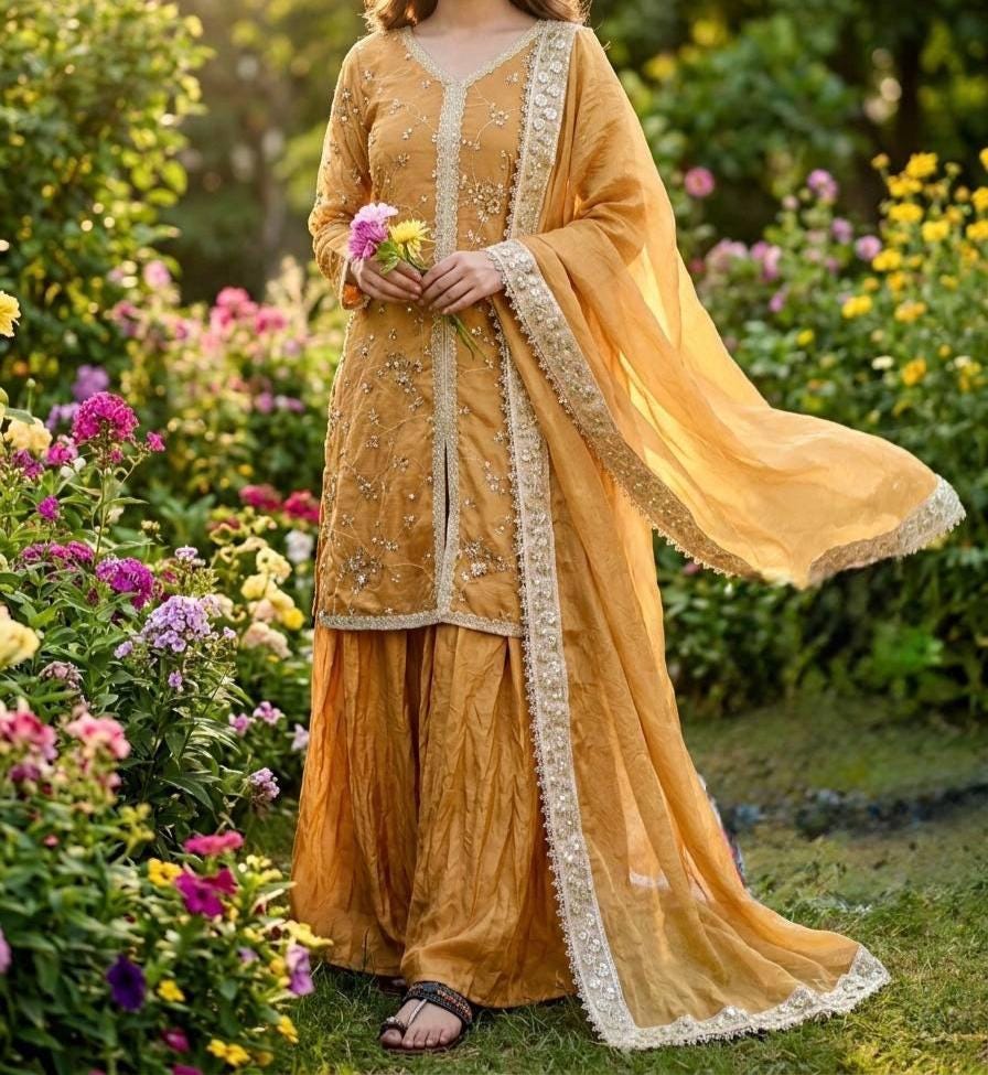 Mustard Traditional Palazzo Suit With Matching Dupatta  for Women