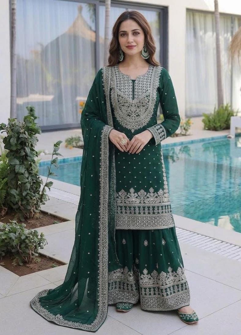 Dark Green Embroidered Sharara Suit Set with Dupatta - Pakistani Dress For Women