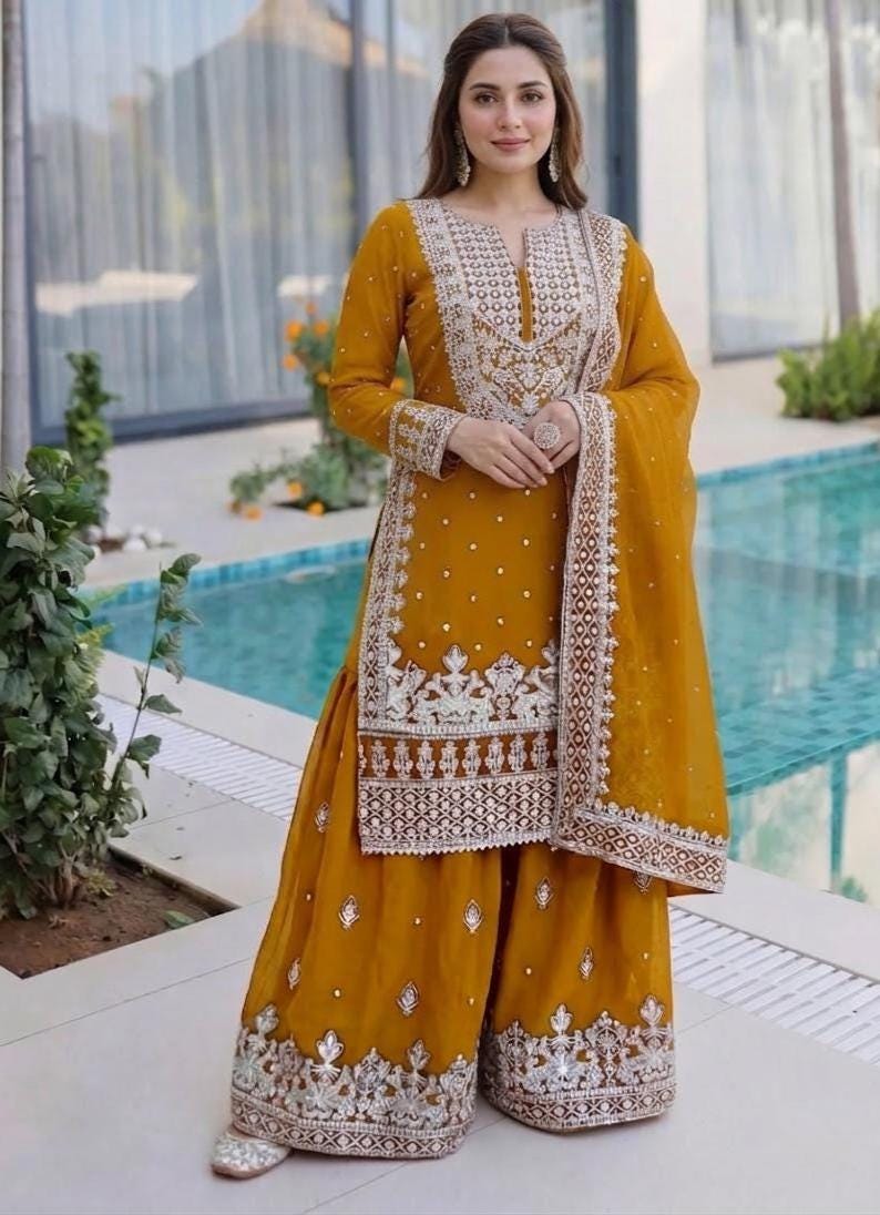 Dark Green Embroidered Sharara Suit Set with Dupatta - Pakistani Dress For Women