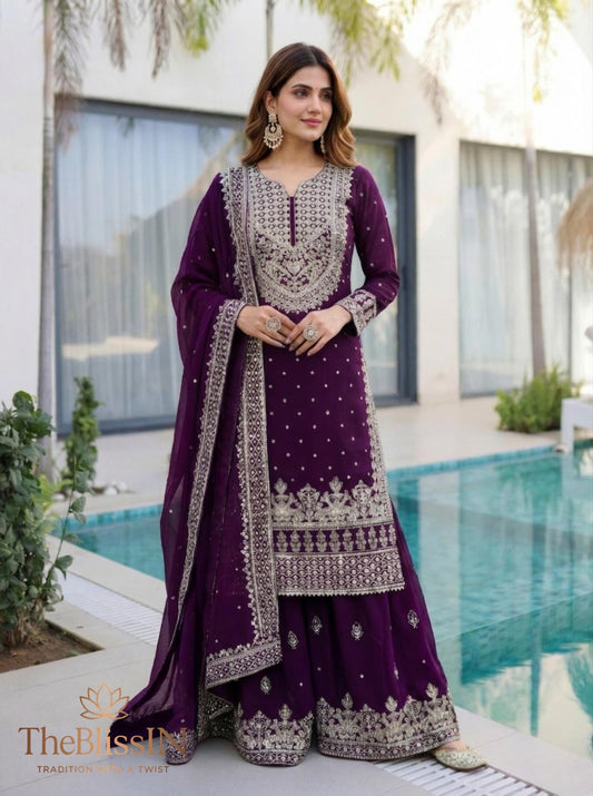 Dark Green Embroidered Sharara Suit Set with Dupatta - Pakistani Dress For Women