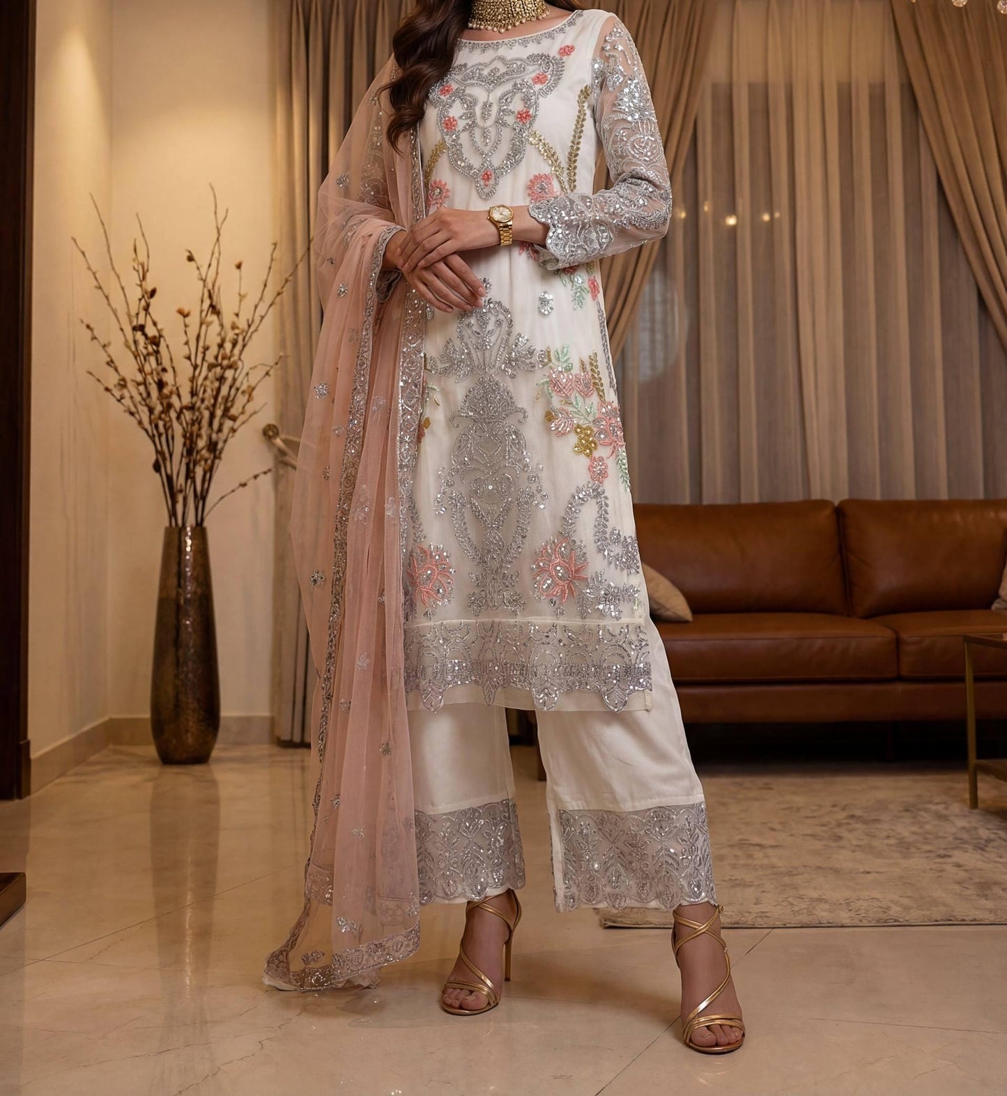 Designer Readymade Pakistani Salwar Kameez with Heavy Net Fabric - Eid Collection , South Asian Pant