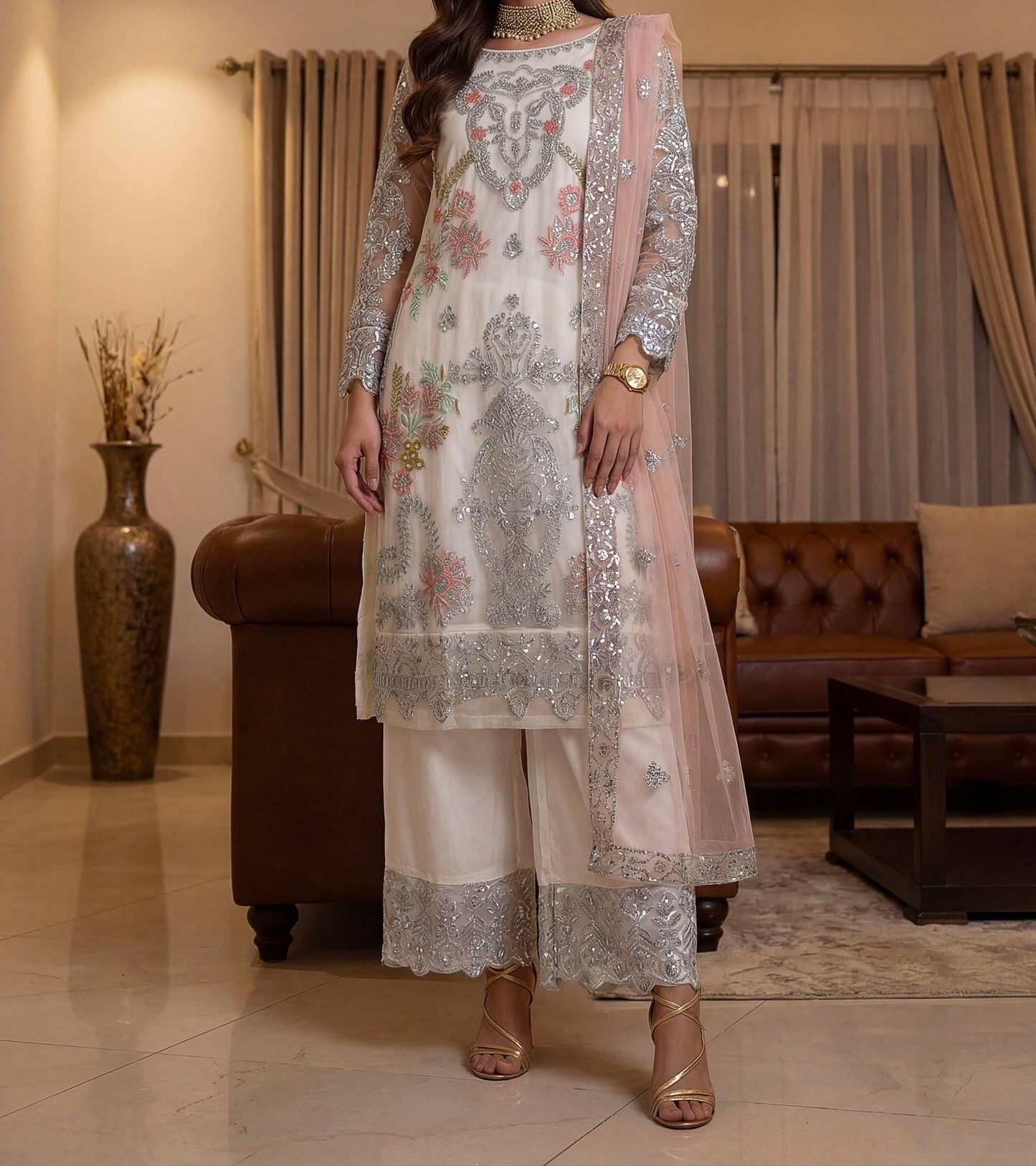 Designer Readymade Pakistani Salwar Kameez with Heavy Net Fabric - Eid Collection , South Asian Pant