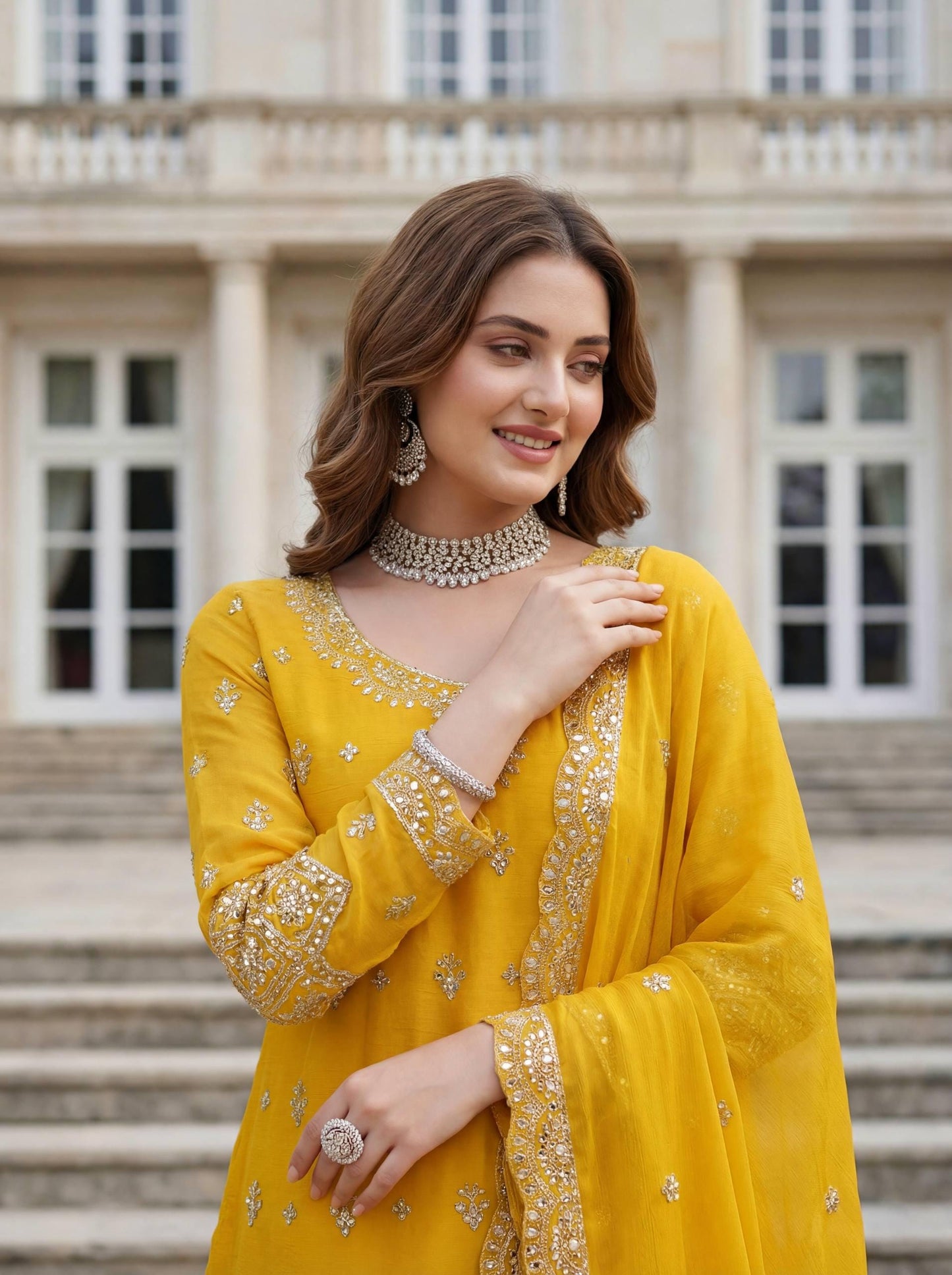 Yellow Chinon Silk Palazzo Salwar Suit with Embroidery Work