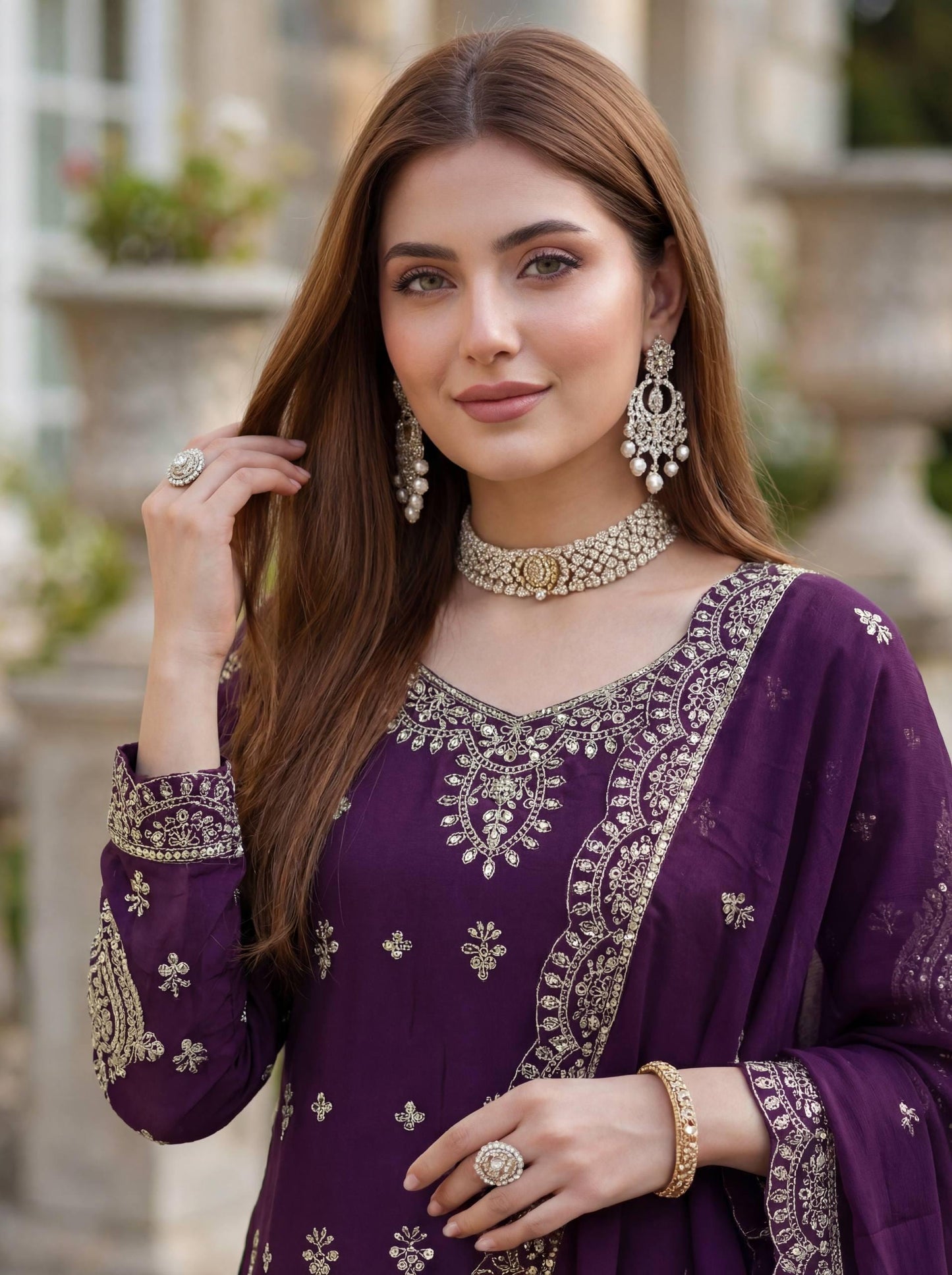 Yellow Chinon Silk Palazzo Salwar Suit with Embroidery Work