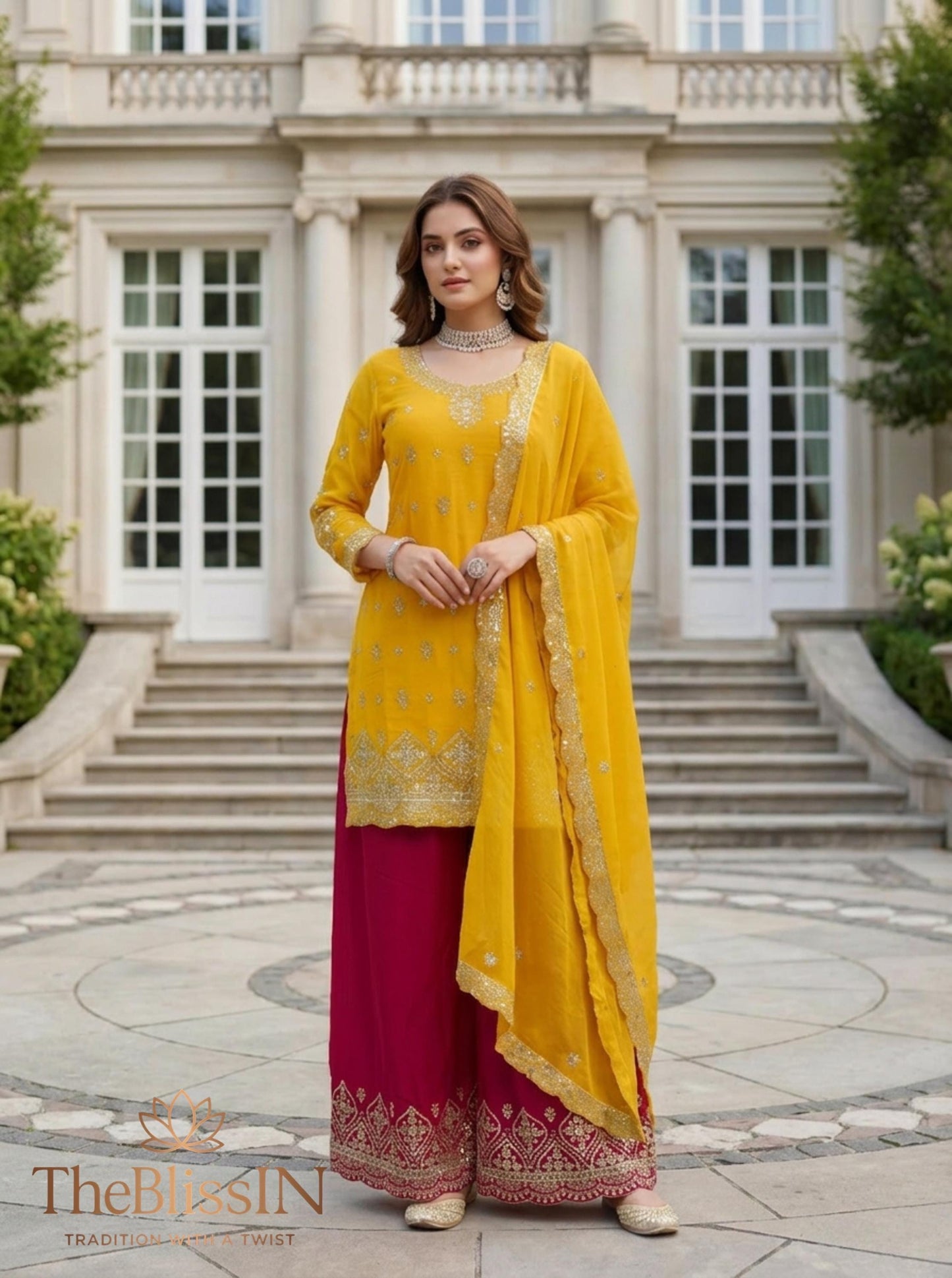 Yellow Chinon Silk Palazzo Salwar Suit with Embroidery Work
