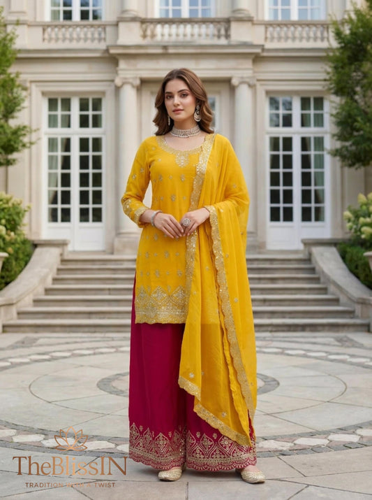 Yellow Chinon Silk Palazzo Salwar Suit with Embroidery Work