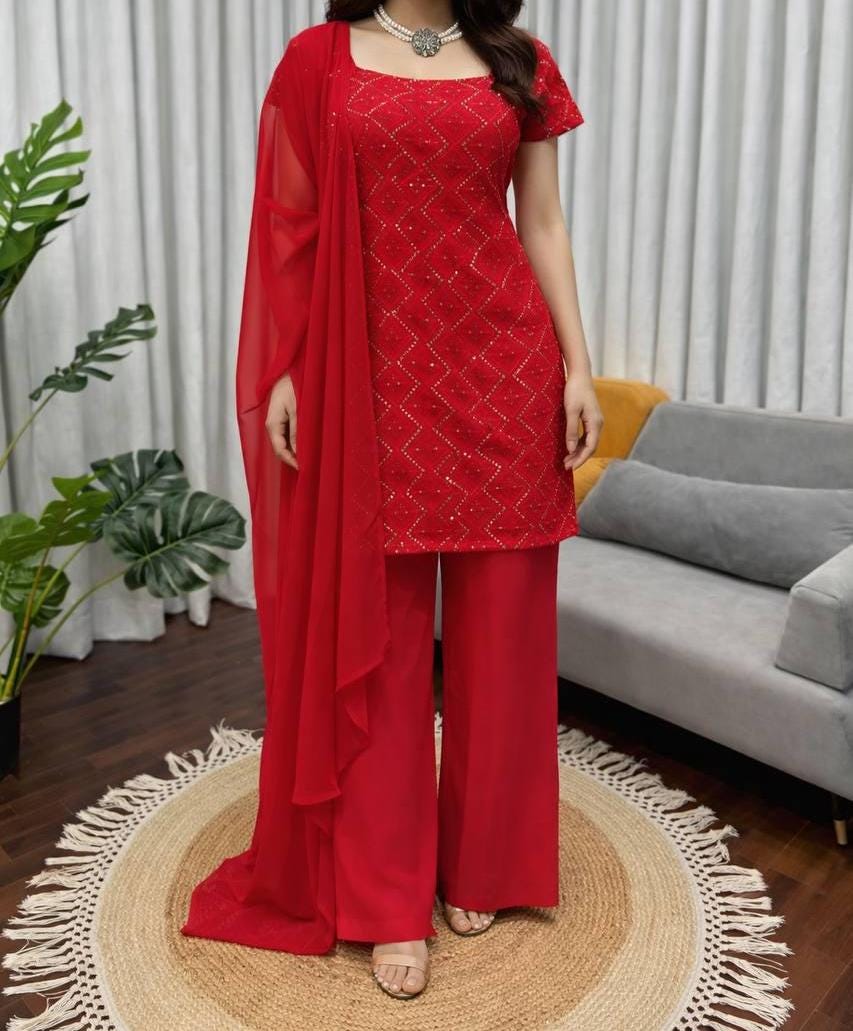 Trendy Red Embroidered Top & Boot-Cut Pant Dupatta Set - Festive wear , Shalwar kameez