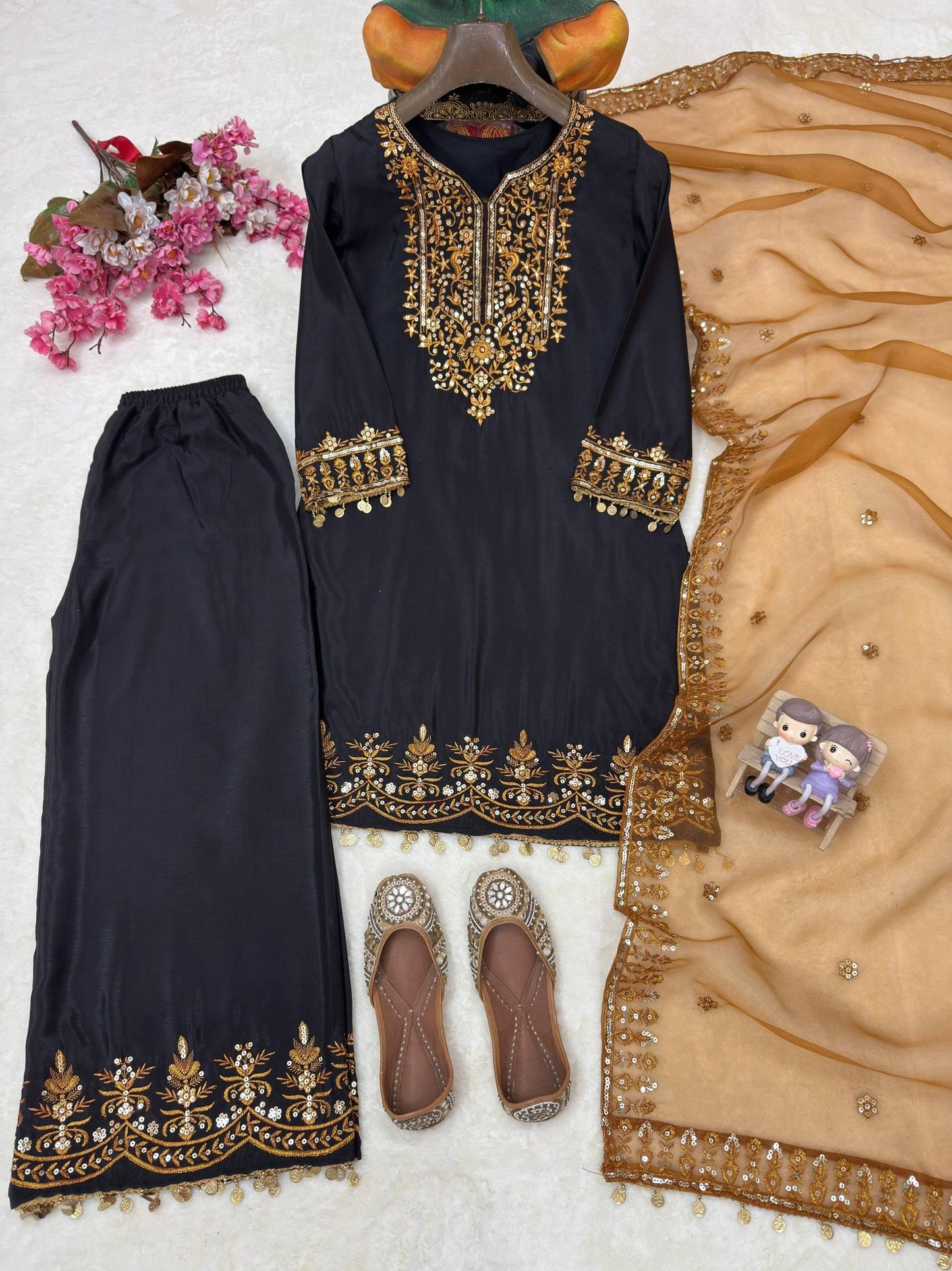 Black Silk Kurta Sharara Set with Embroidered Dupatta – Sequins Zari Work