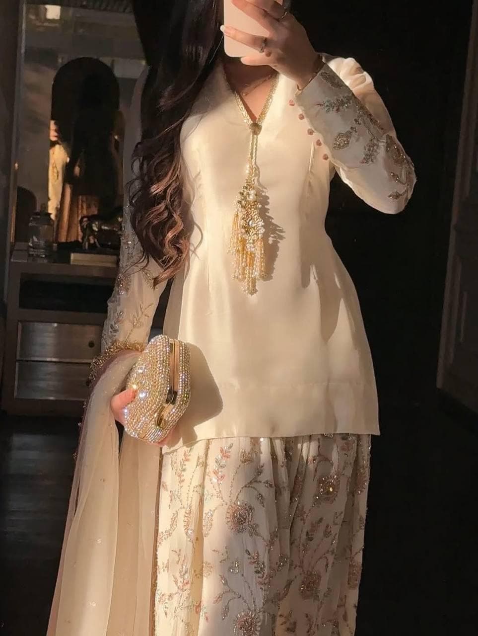 White & Gold Embroidered Eid Outfit | Traditional Shalwar Kameez Design , Dhoti Style Suit