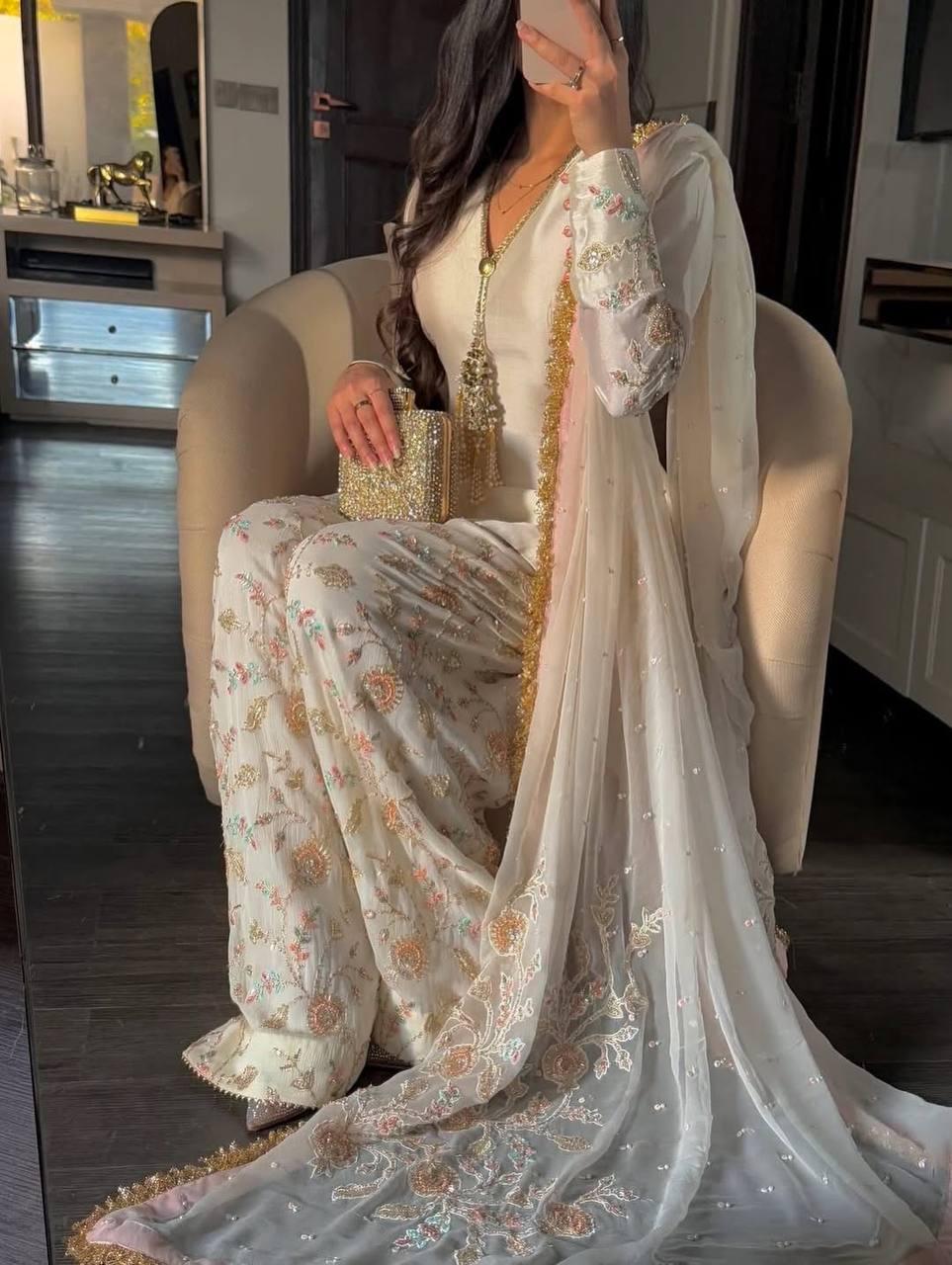 White & Gold Embroidered Eid Outfit | Traditional Shalwar Kameez Design , Dhoti Style Suit