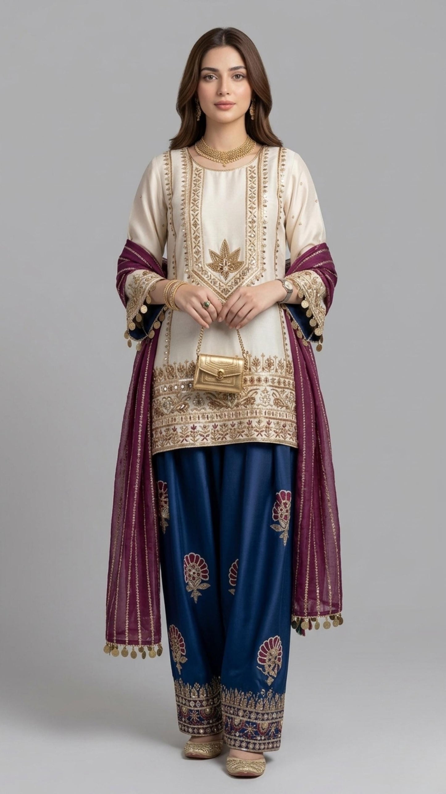 Sheesha Roman Silk Farshi Shalwar Indian Pakistani Suit with  Hand Embroidery , Jaipuri Style Suit