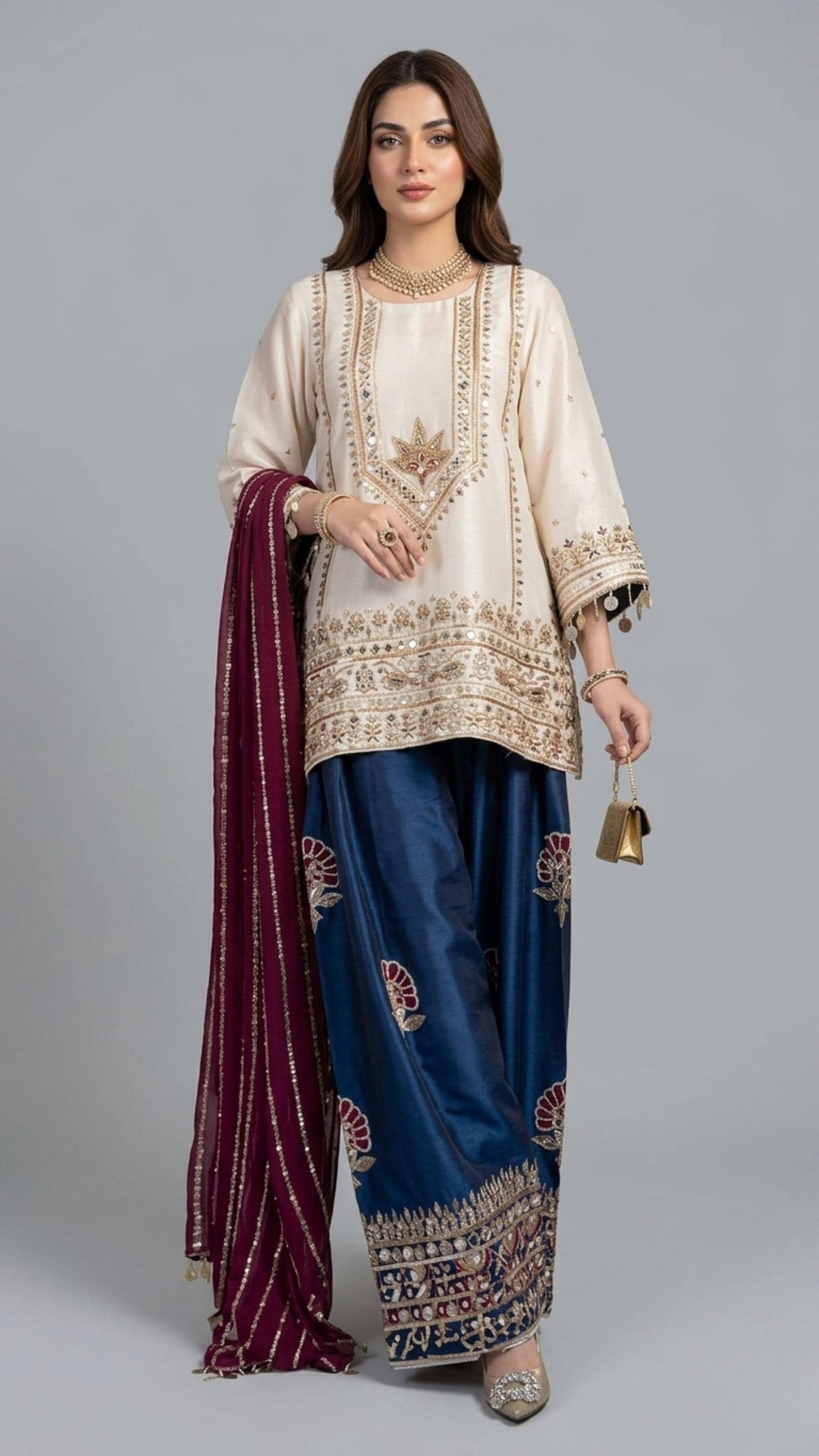 Sheesha Roman Silk Farshi Shalwar Indian Pakistani Suit with  Hand Embroidery , Jaipuri Style Suit