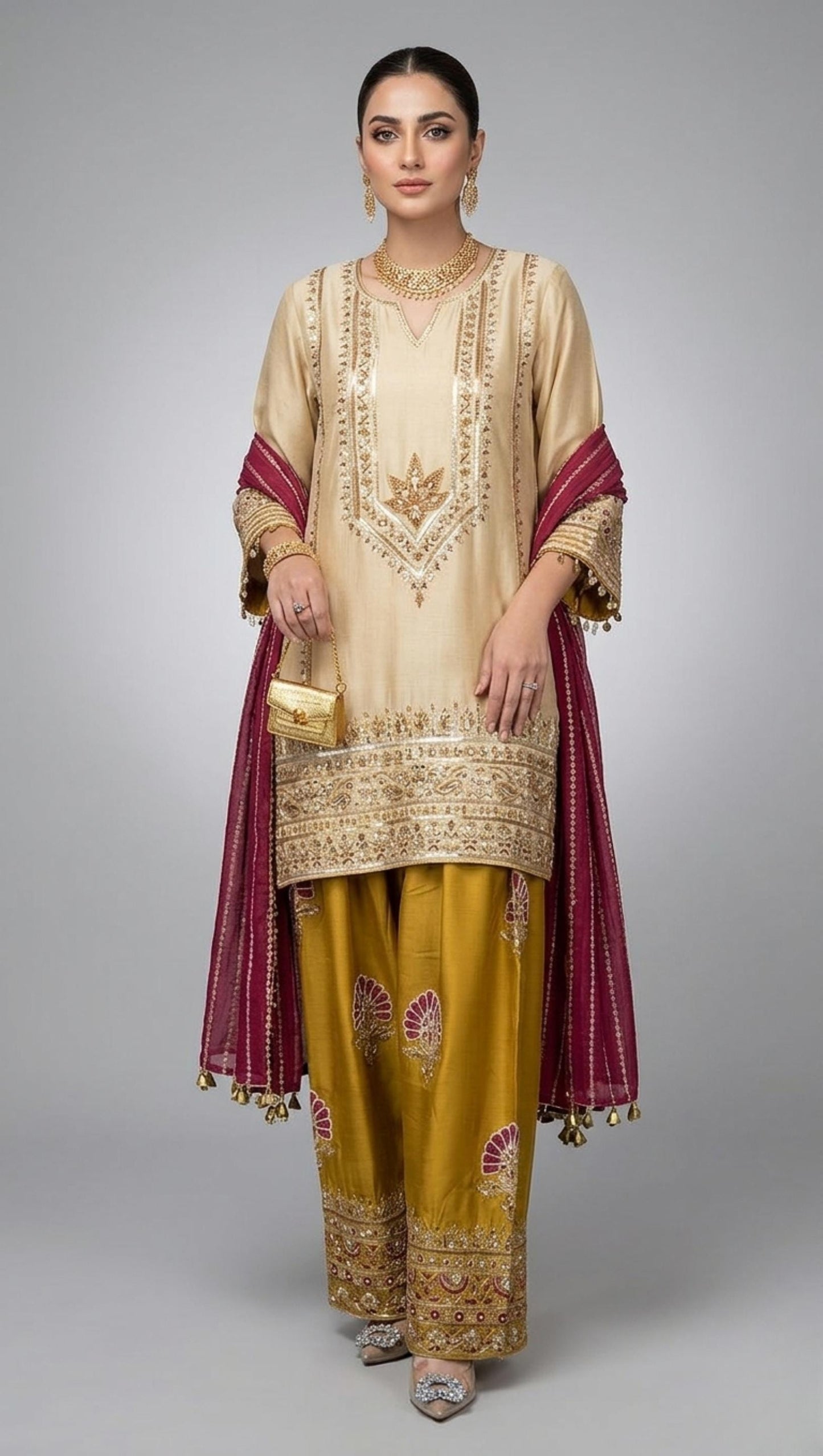 Sheesha Roman Silk Farshi Shalwar Indian Pakistani Suit with  Hand Embroidery , Jaipuri Style Suit