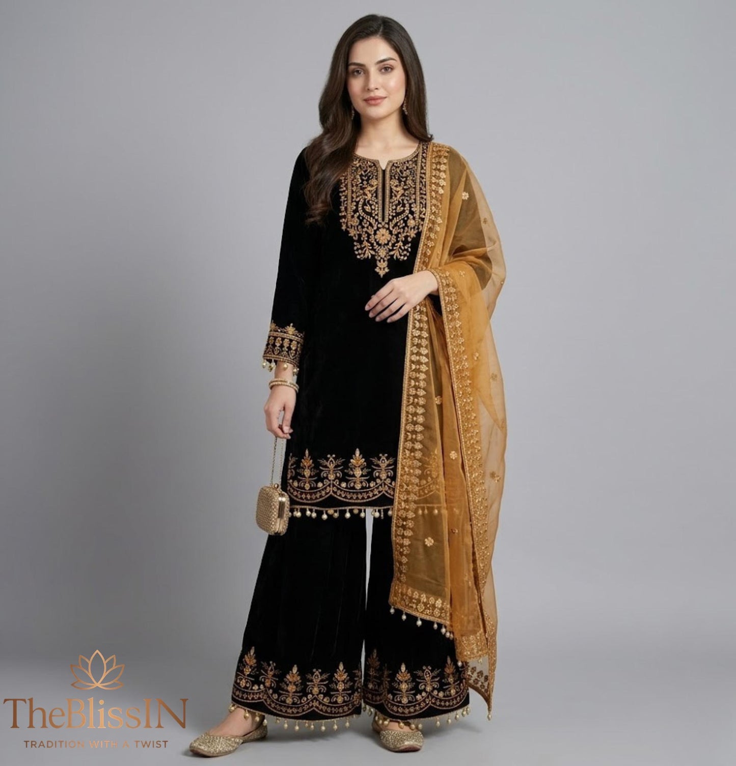 Black Silk Kurta Sharara Set with Embroidered Dupatta – Sequins Zari Work
