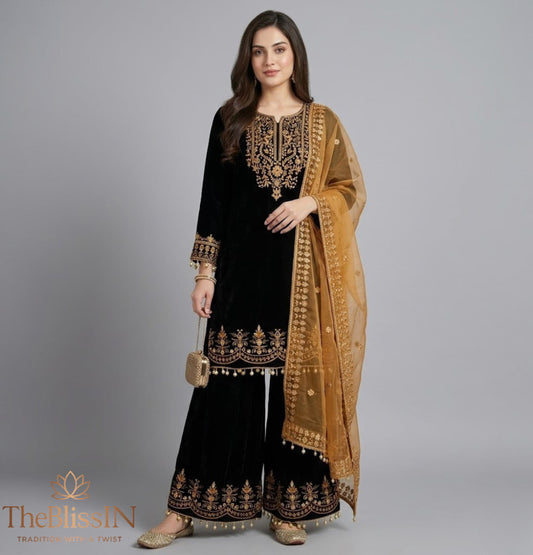 Black Silk Kurta Sharara Set with Embroidered Dupatta – Sequins Zari Work
