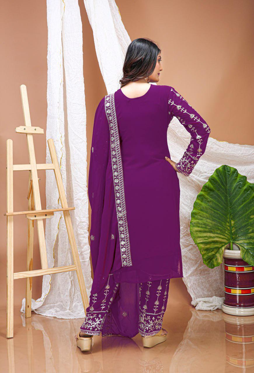 Purple Embroidered Salwar Kameez Suit Set with Dupatta
