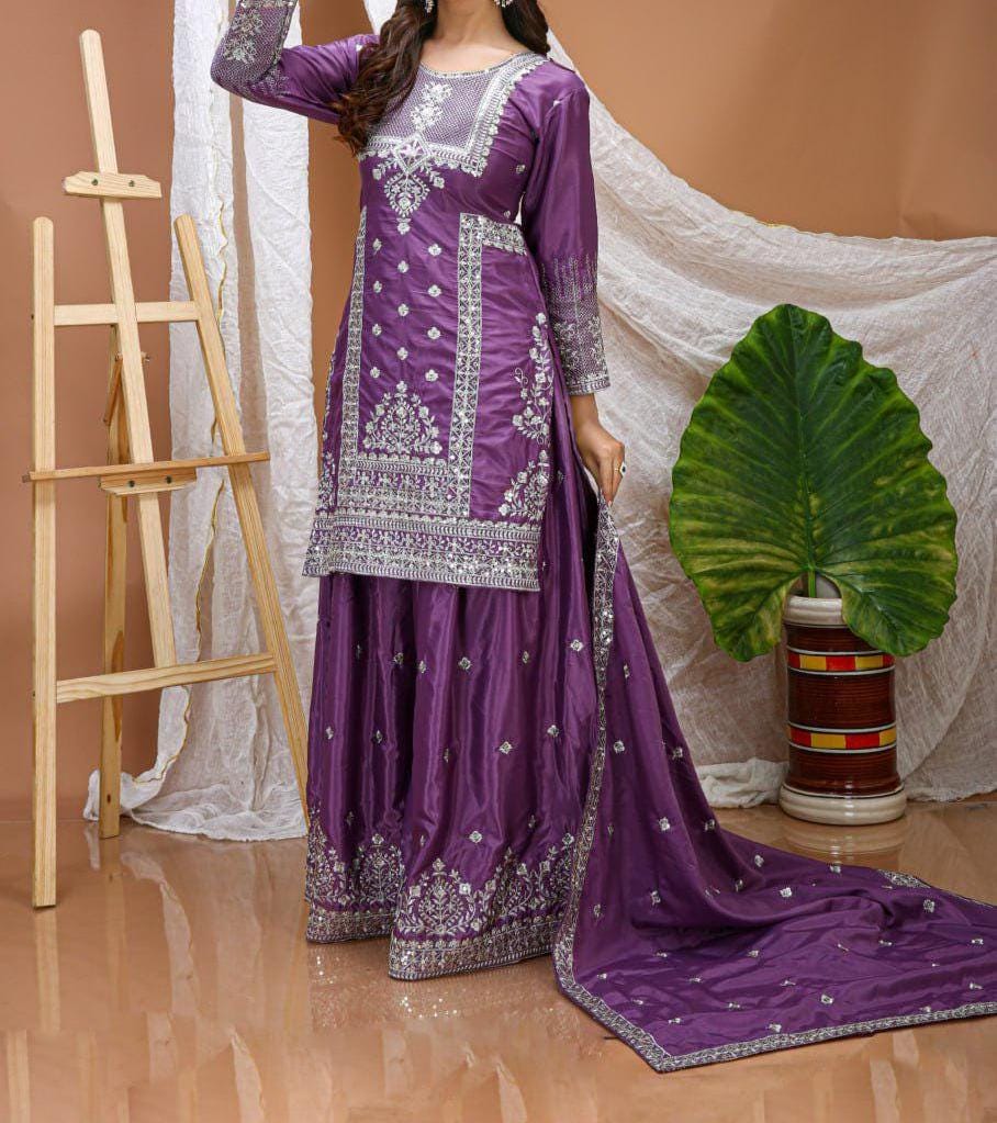 Purple Natural Crepe Embroidered Straight Palazzo Suit For Women