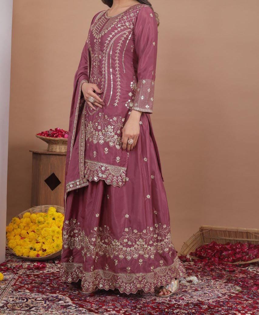 Pink Embroidered Palazzo Suit Set with Dupatta