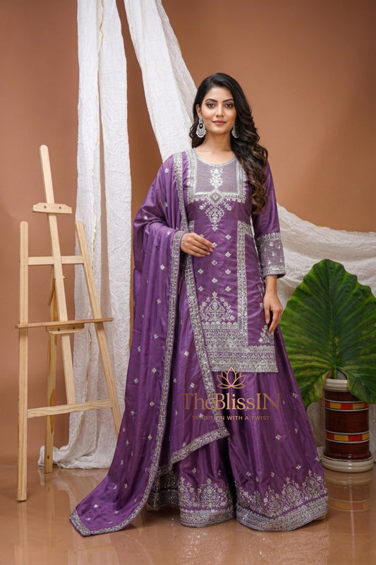 Purple Natural Crepe Embroidered Straight Palazzo Suit For Women