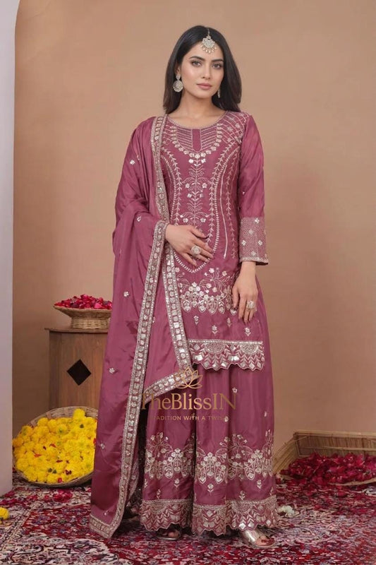 Pink Embroidered Palazzo Suit Set with Dupatta