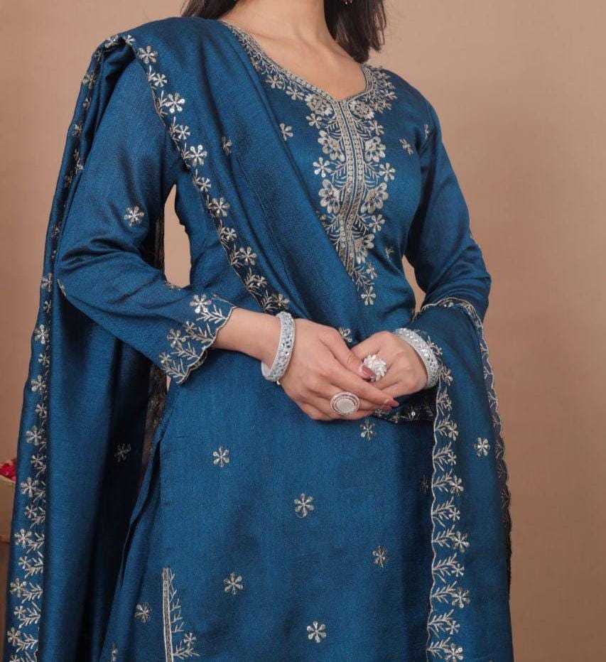 Women's Blue Silk Palazzo Suit Set with Sequins Work | Festive Ethnic Wear