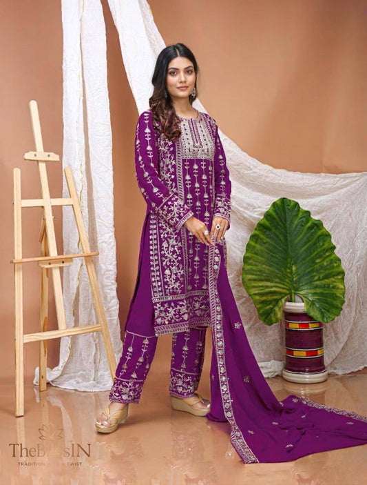 Purple Embroidered Salwar Kameez Suit Set with Dupatta