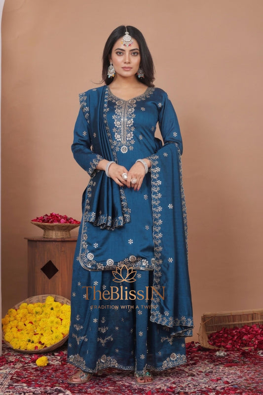 Women's Blue Silk Palazzo Suit Set with Sequins Work | Festive Ethnic Wear