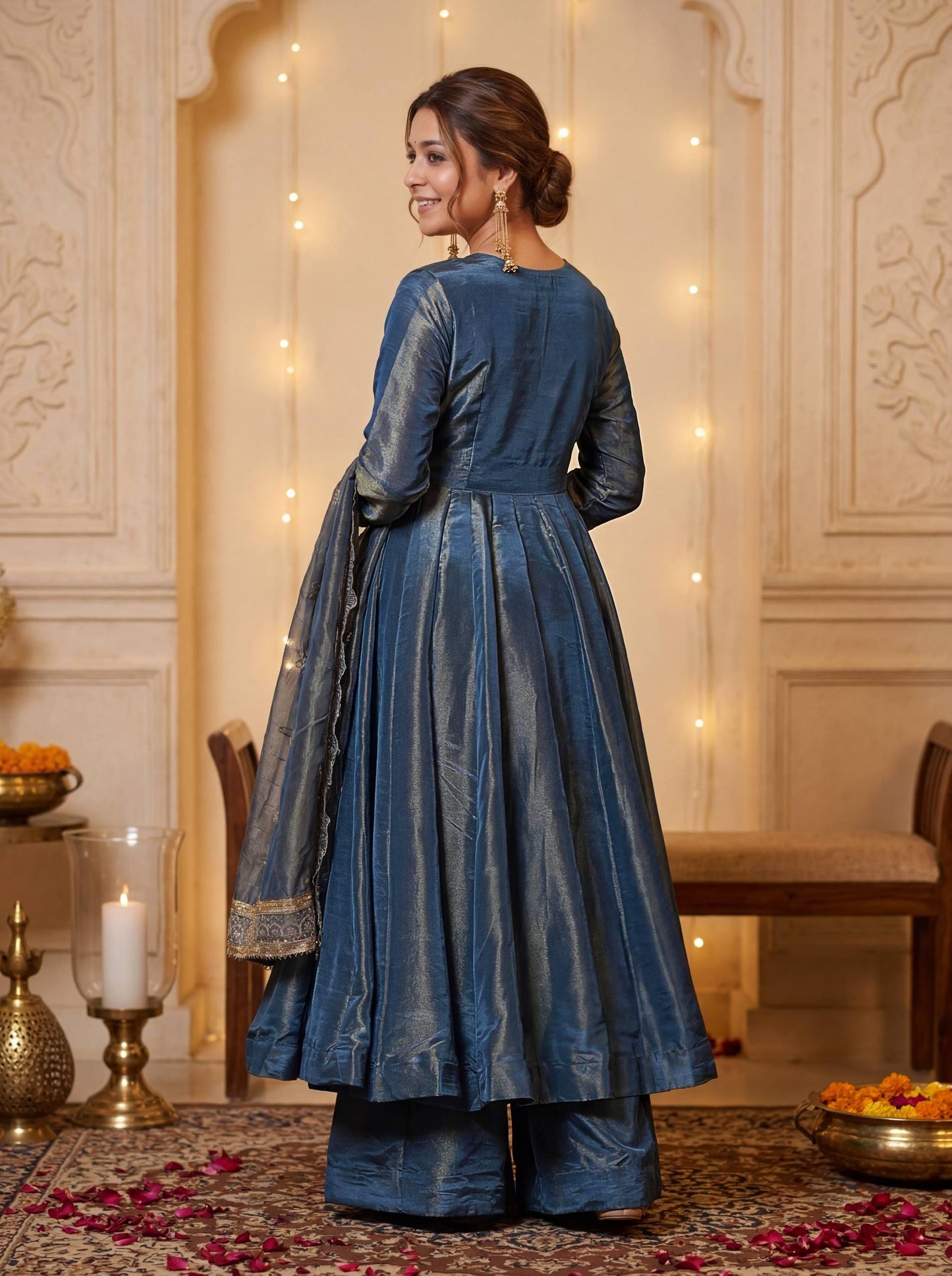 Blue Silk Blend Anarkali Gown with Embroidered Dupatta | Festive Party Wear Ethnic Suit