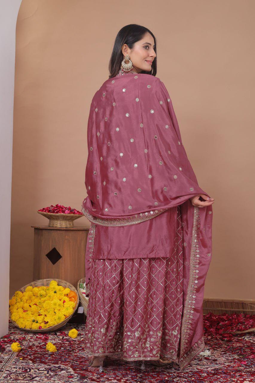 Dusty Rose Chinon Embroidered Palazzo Suit Set with Dupatta