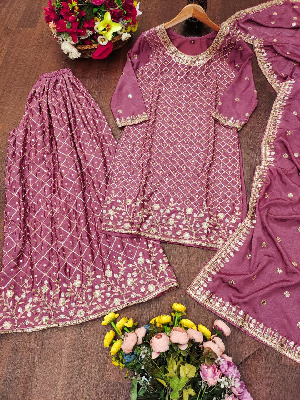 Dusty Rose Chinon Embroidered Palazzo Suit Set with Dupatta