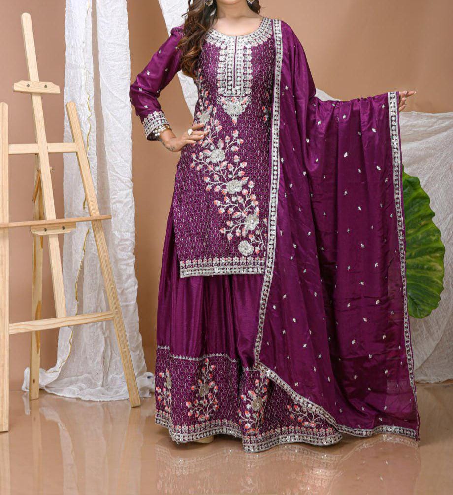 Purple Embroidered Palazzo Suit Set with Dupatta | Pakistani , Eid Wedding Wear