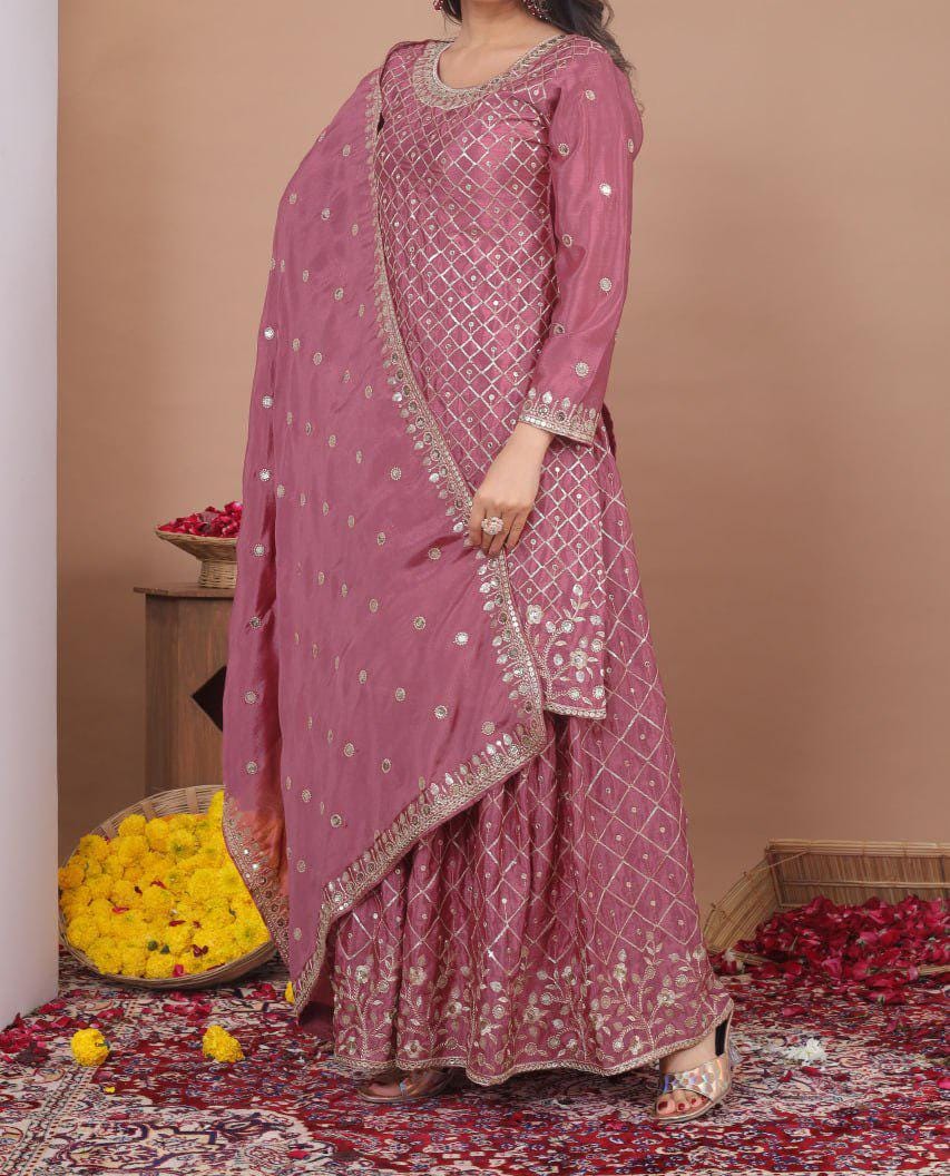 Dusty Rose Chinon Embroidered Palazzo Suit Set with Dupatta