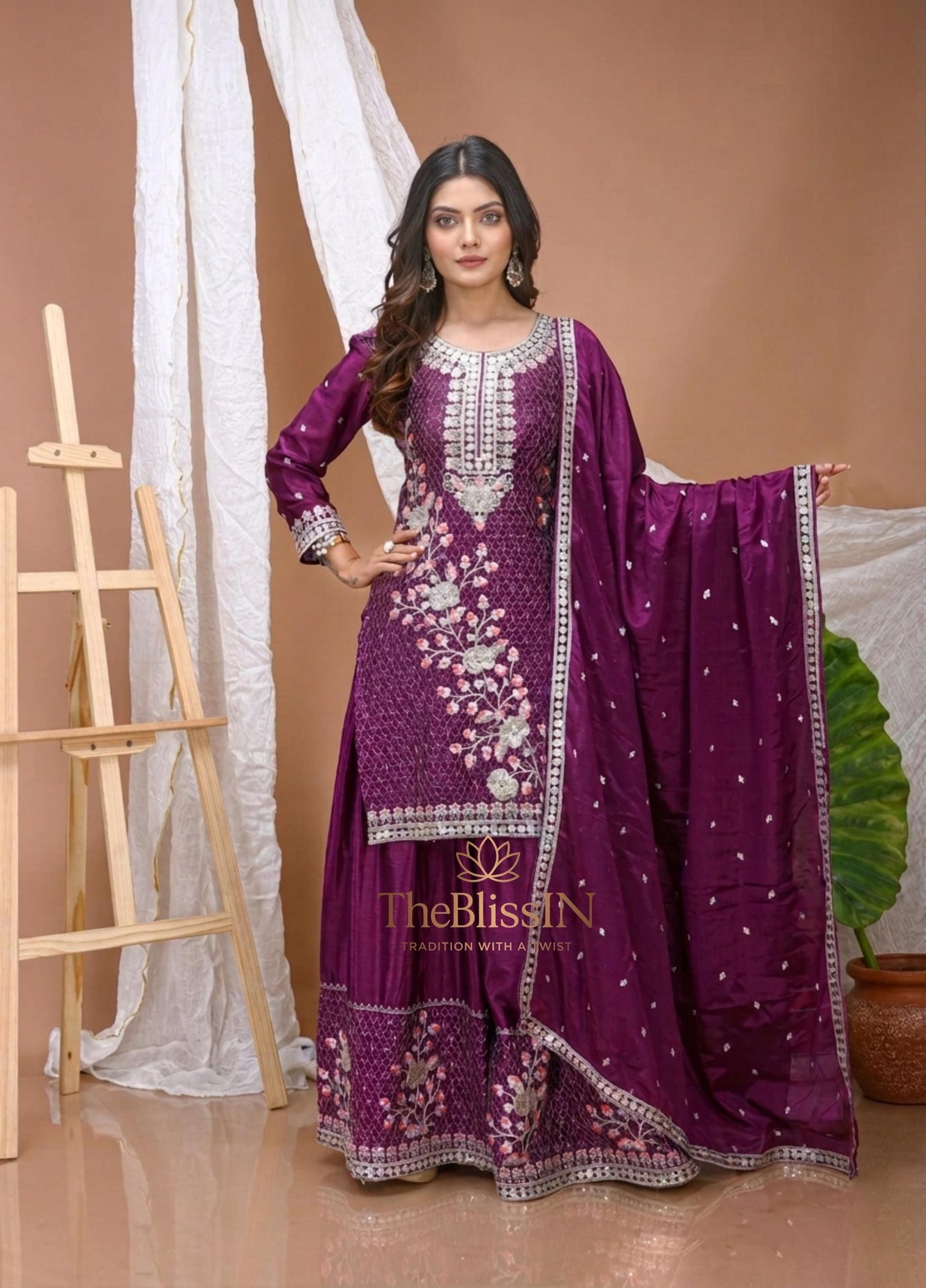 Purple Embroidered Palazzo Suit Set with Dupatta | Pakistani , Eid Wedding Wear