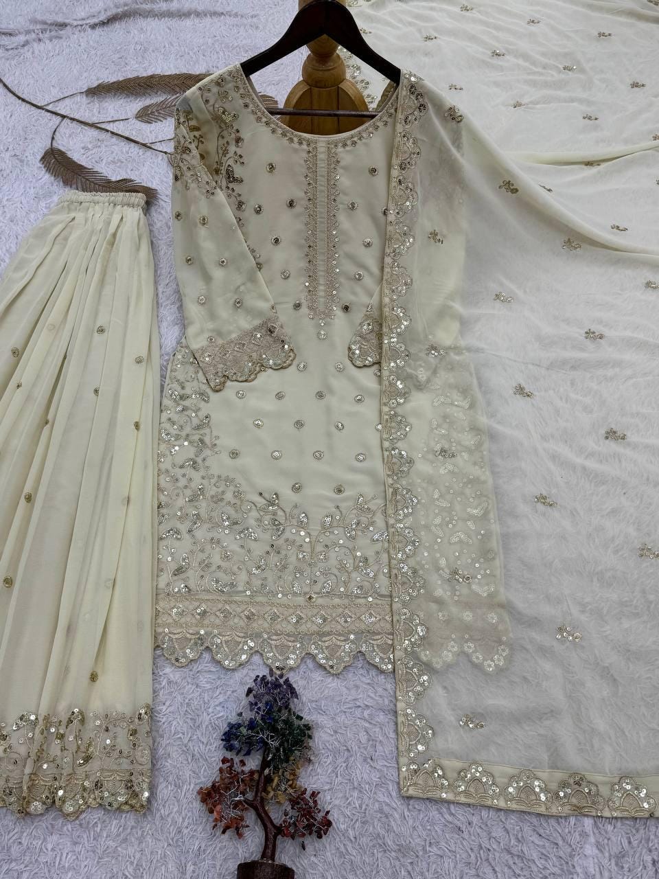 Women's Heavy Faux Georgette Embroidered Top-Palazzo Set with Dupatta