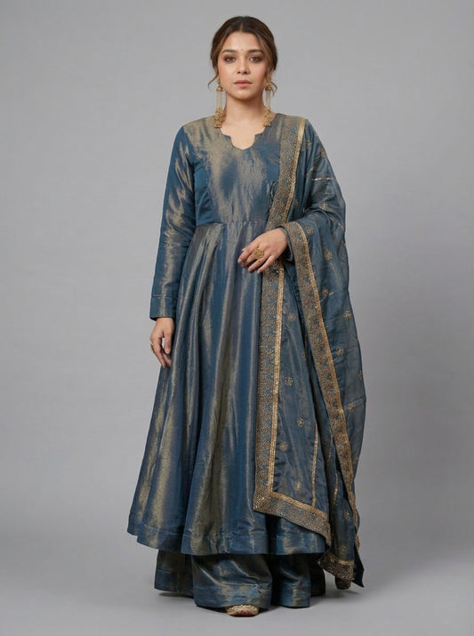 Blue Silk Blend Anarkali Gown with Embroidered Dupatta | Festive Party Wear Ethnic Suit