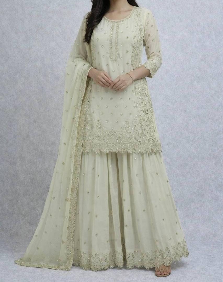 Women's Heavy Faux Georgette Embroidered Top-Palazzo Set with Dupatta