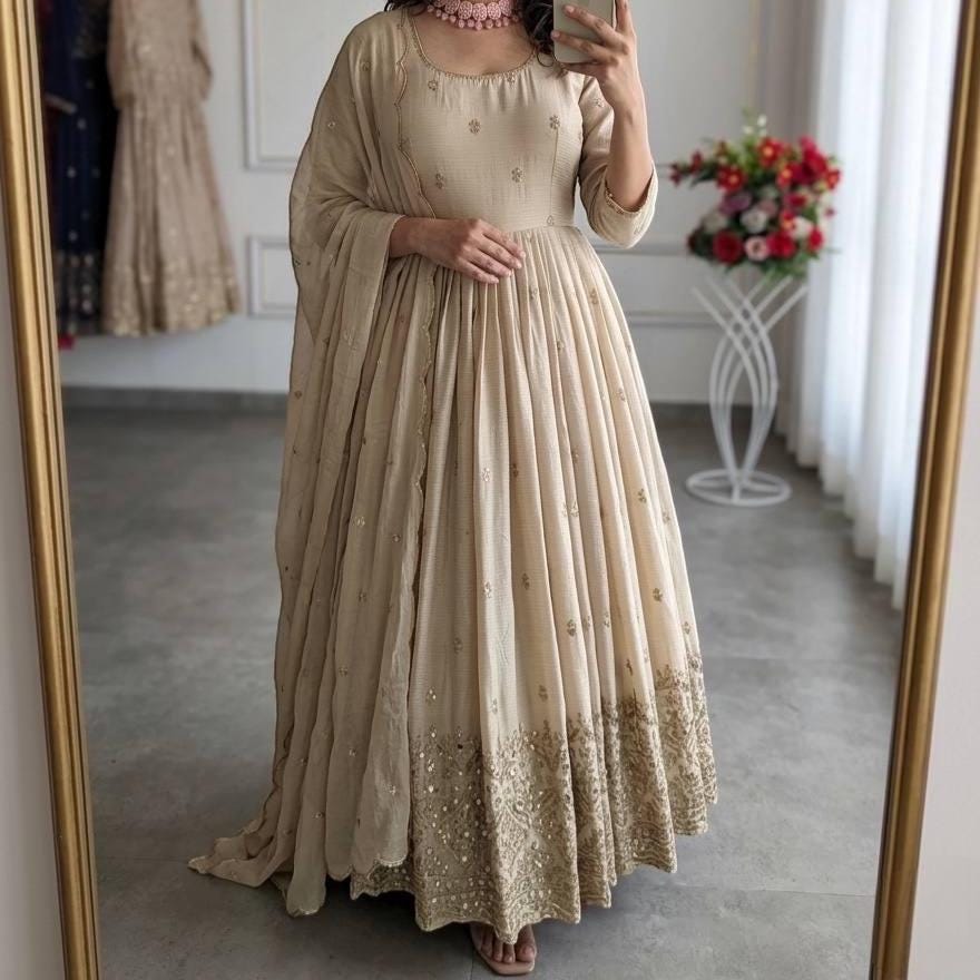 Beige Handcrafted Resham Work Anarkali Gown for Women