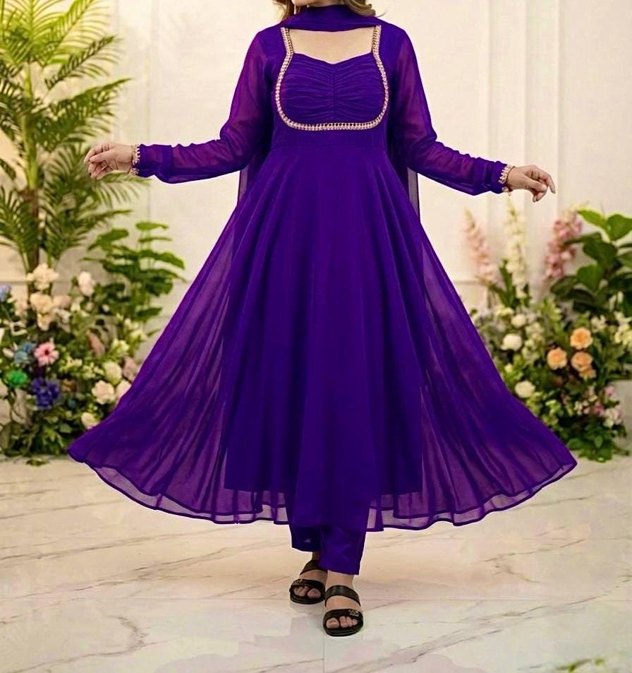 Purple Georgette Anarkali Suit Set with Dupatta | Elegant Indian Ethnic Wear Gown