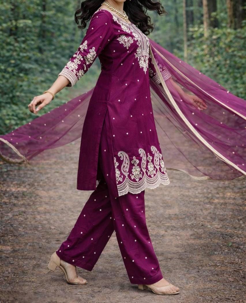 Embroidered Purple Faux Georgette Pakistani Palazzo Suit | Wedding Wear