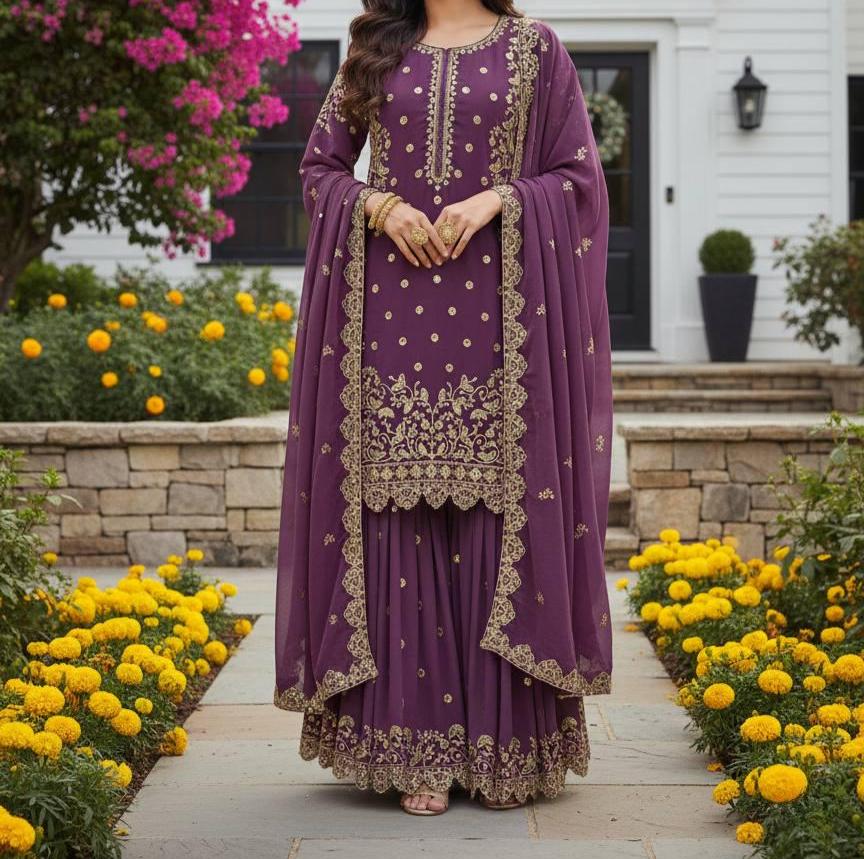 Purple Georgette Zari Sequins Sharara Suit Festive Wear
