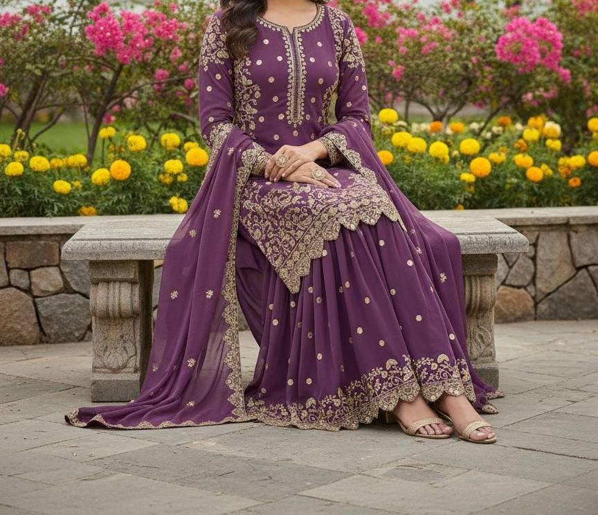Purple Georgette Zari Sequins Sharara Suit Festive Wear