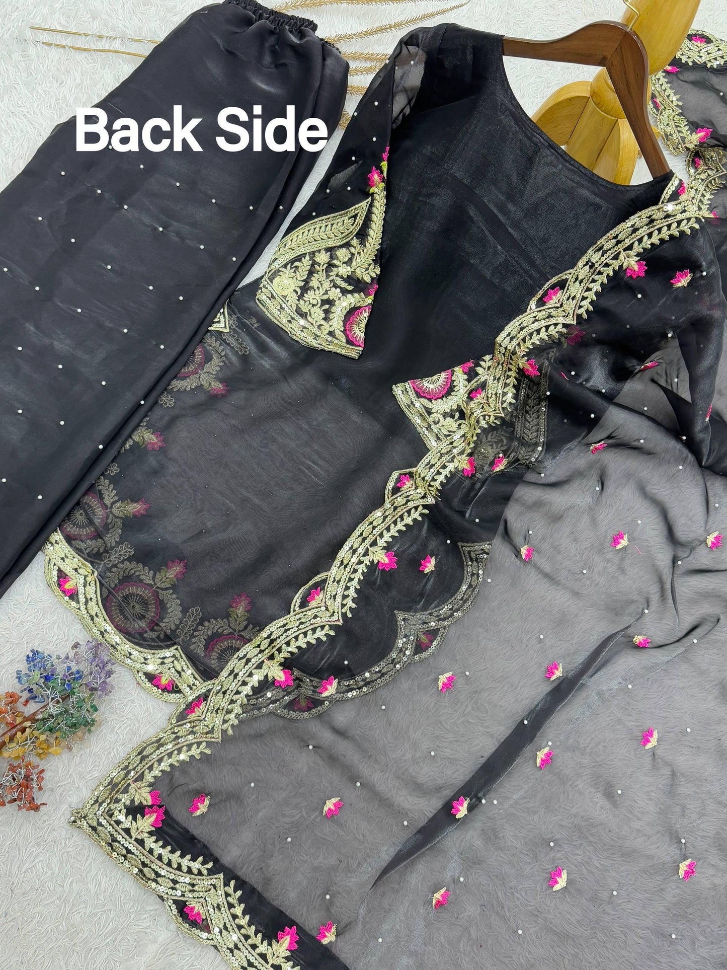 Black Velvet Embroidered Short Kurta & Palazzo Suit , Shalwar Kameez , Punjabi Wedding Suit