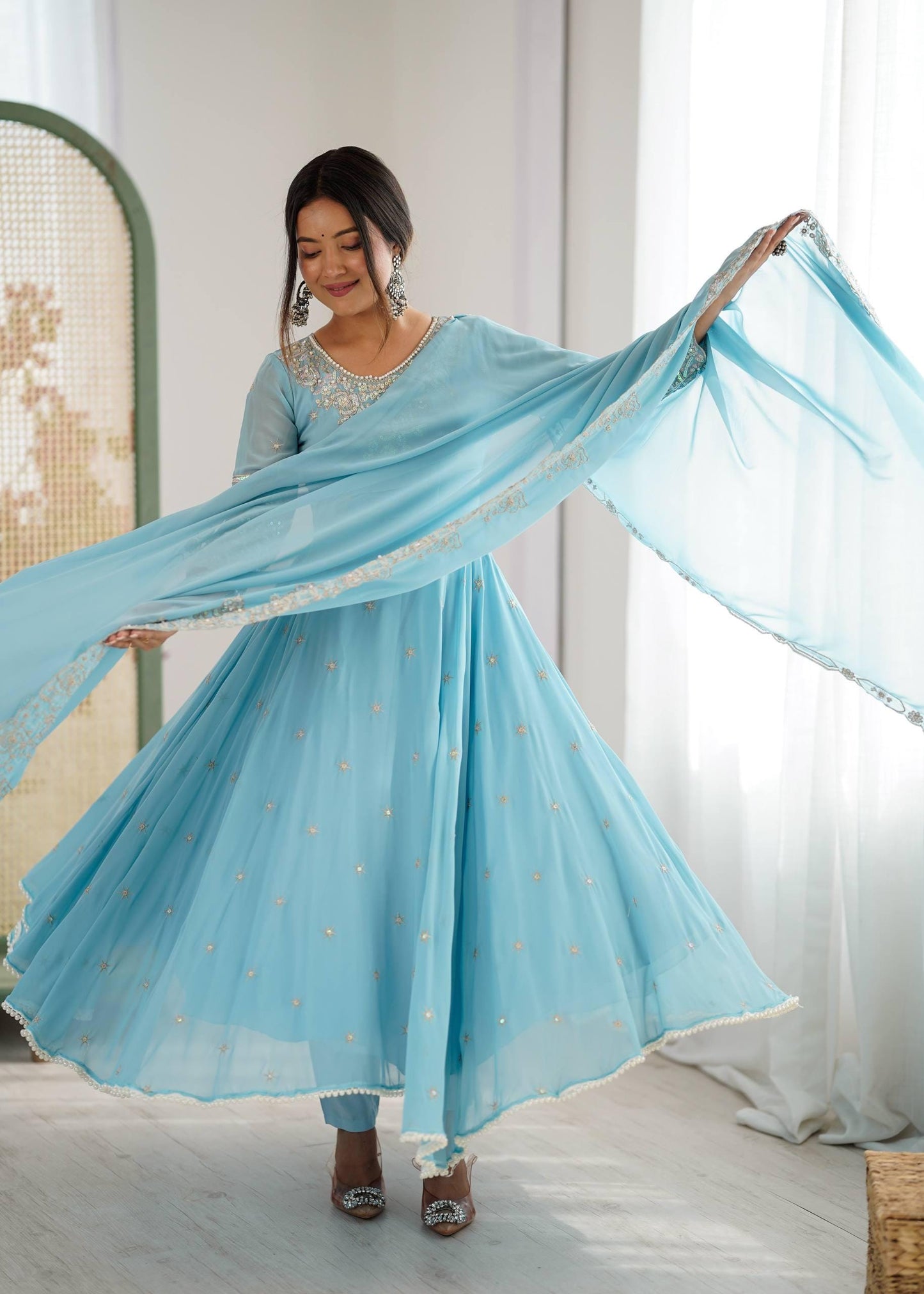 Designer Sky Blue Faux Georgette Readymade Anarkali Suit with Dupatta