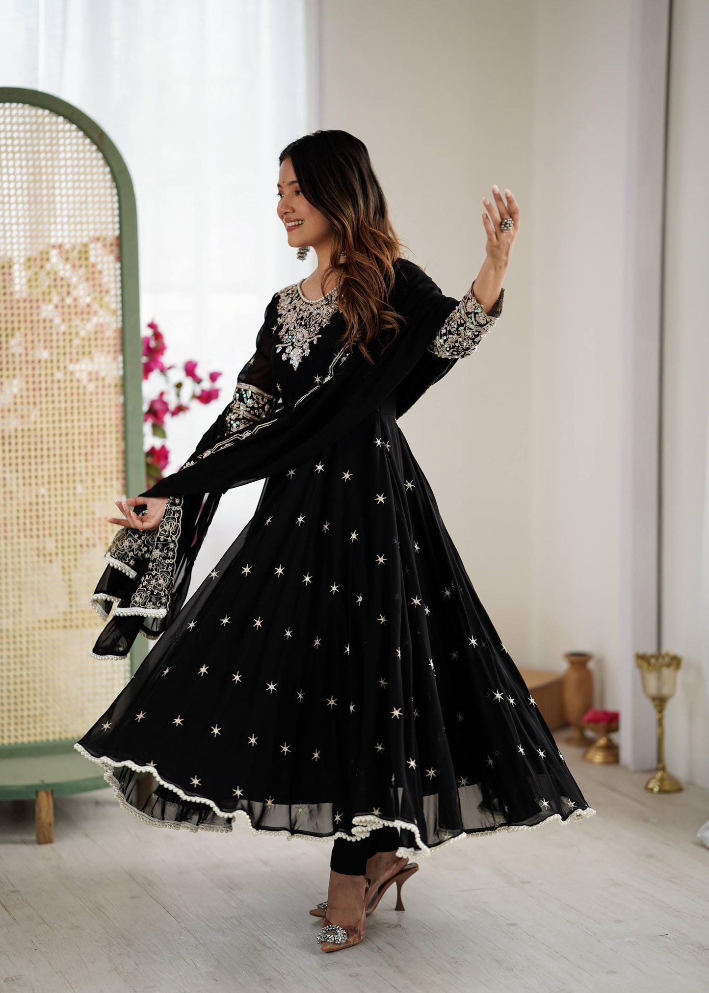 Women's Embroidered Faux Georgette Anarkali Kurta Set with Dupatta