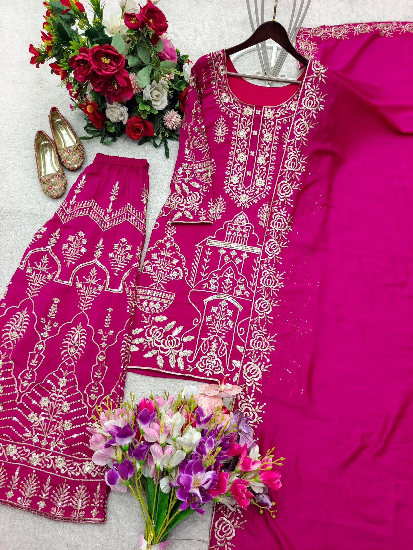 Rani Pink Chinon Silk Embroidered Salwar Kameez with Flared Palazzo