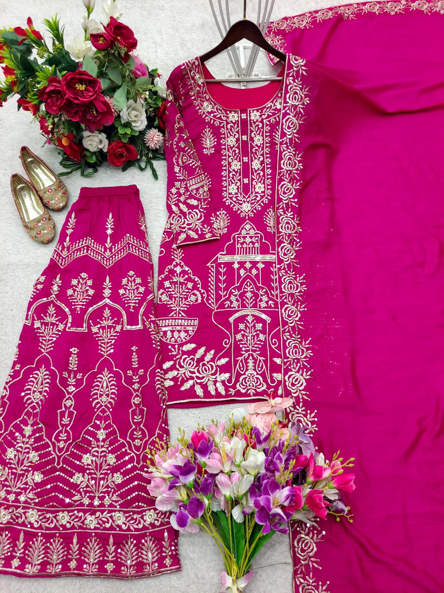 Rani Pink Chinon Silk Embroidered Salwar Kameez with Flared Palazzo