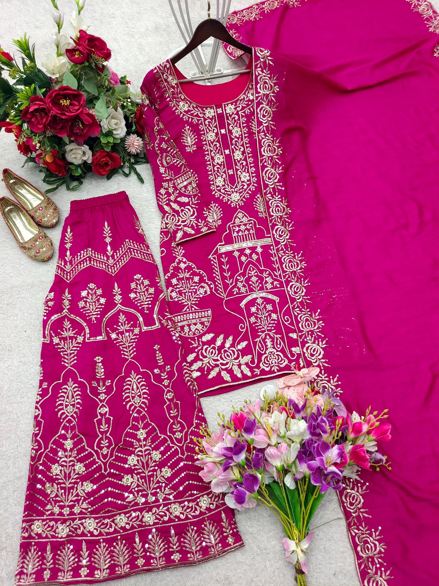 Rani Pink Chinon Silk Embroidered Salwar Kameez with Flared Palazzo