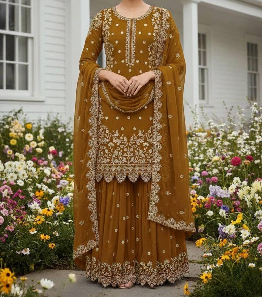 Embroidered Georgette Kurta Palazzo Set with Dupatta | Wedding & Haldi Wear