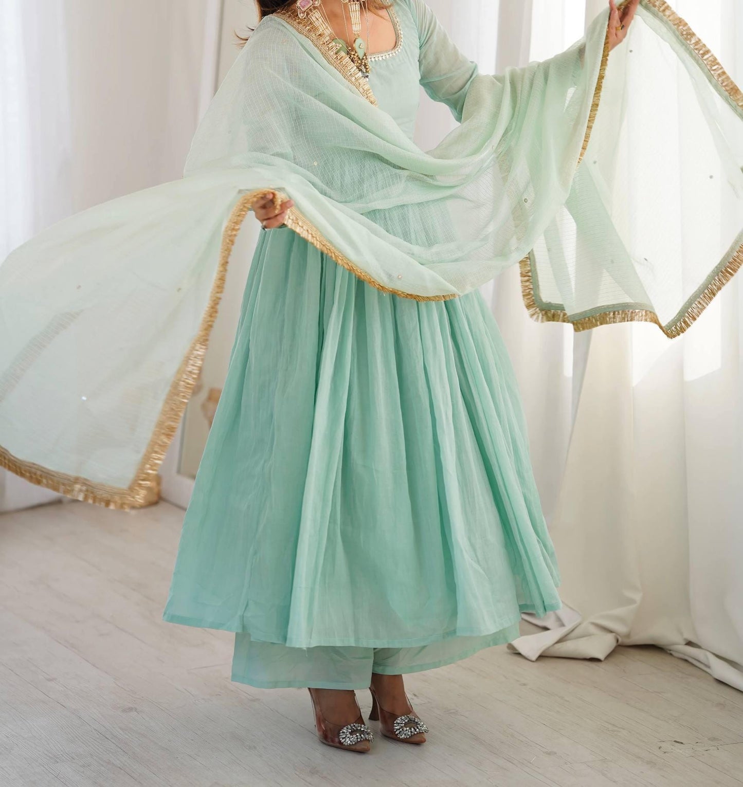 Sea Green Georgette Anarkali Gown with Designer Lace Work and Full Sleeves
